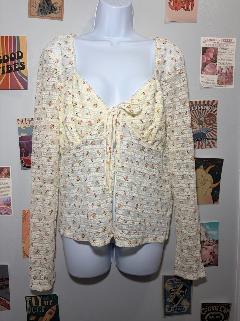 Self Esteem Cream Knit Floral Tie-Front Cardigan